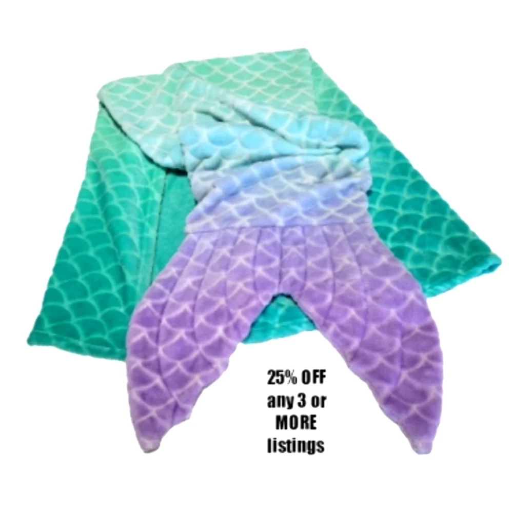 Mermaid Throw Blanket Ombre Color Purple Blue Fish Tail Scale Soft Fleece Velour